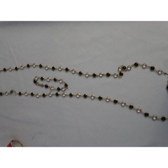 Vtg Glass Dome Crystal BEADS Gold Edged GREEN CLEAR Long Necklace & Bracelet JA - Picture 4 of 6